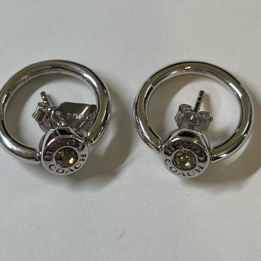 Coach Silver Crystal Logo Hoop Stud Earrings